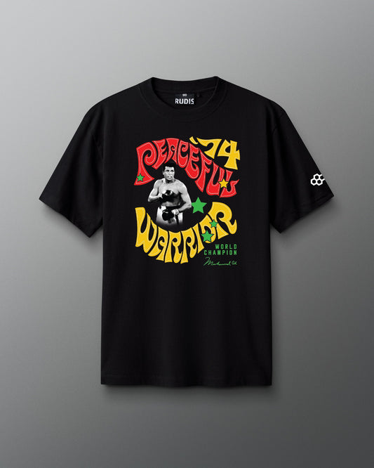 Black t-shirt with colorful graphic design on a gray background