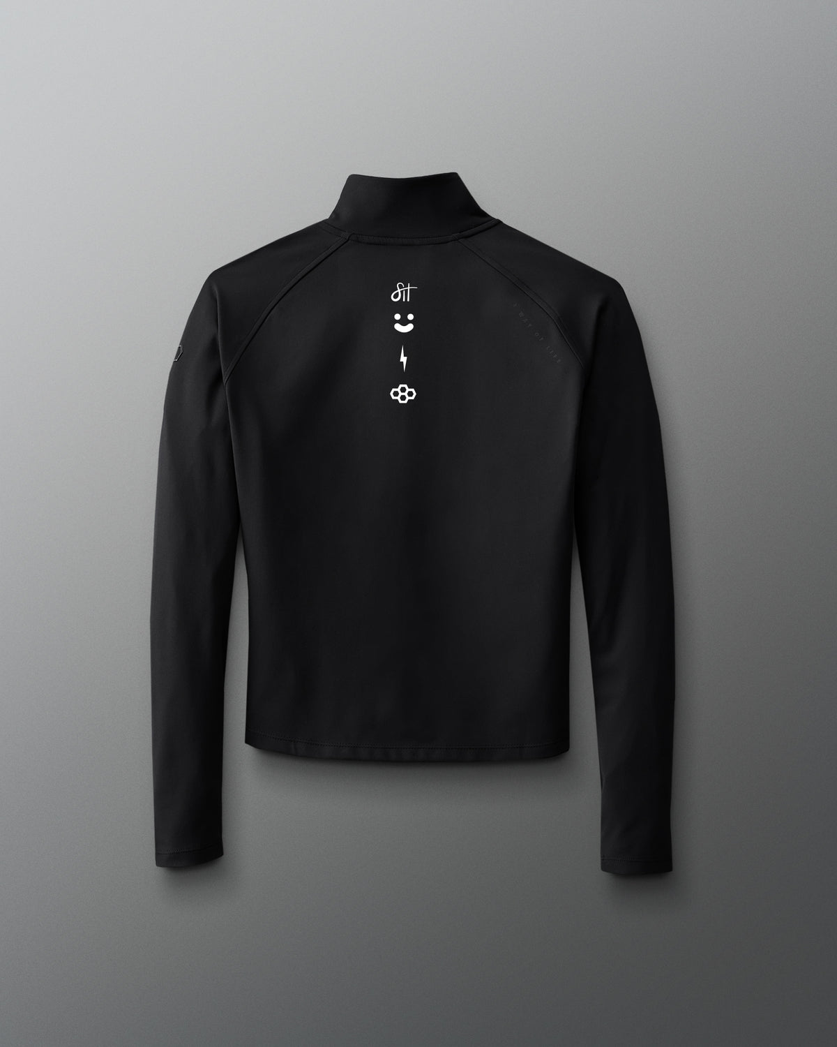 Black long-sleeve shirt with brand logo on a gray background