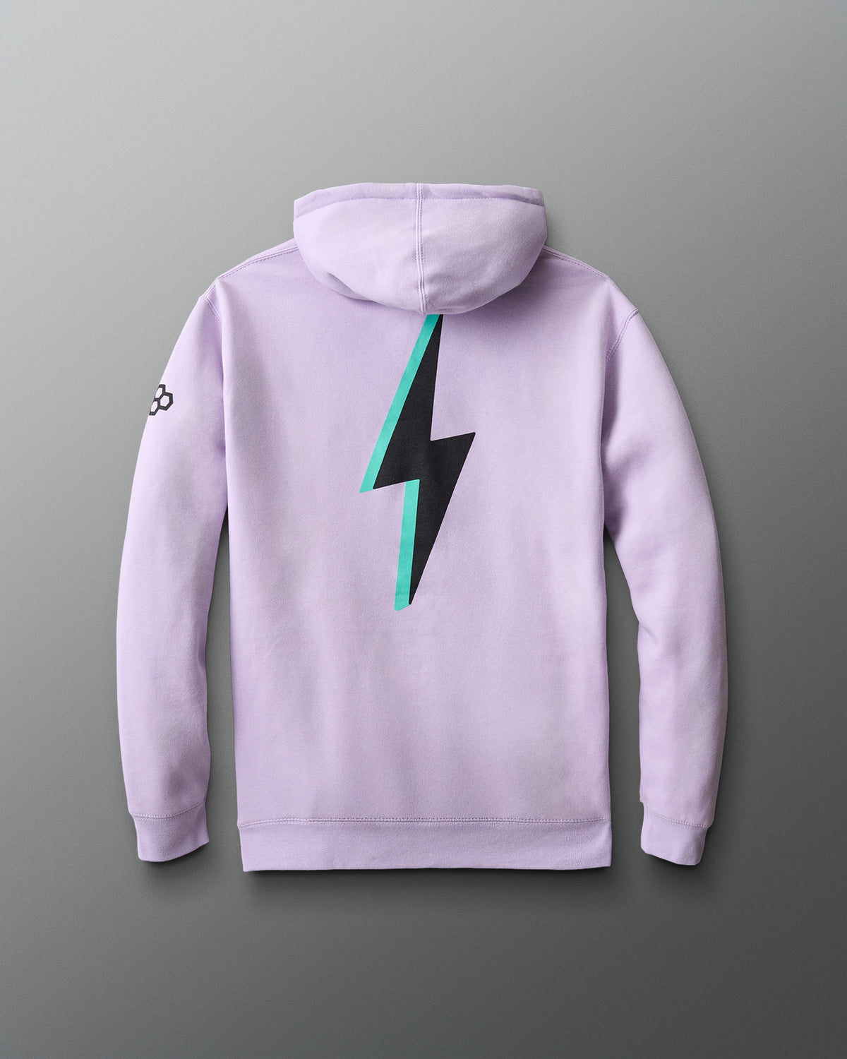 Light purple hoodie with a black and green lightning bolt design on the back against a gray background
