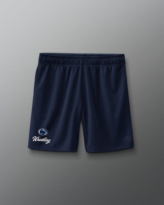 Navy blue shorts with a logo on a gray background