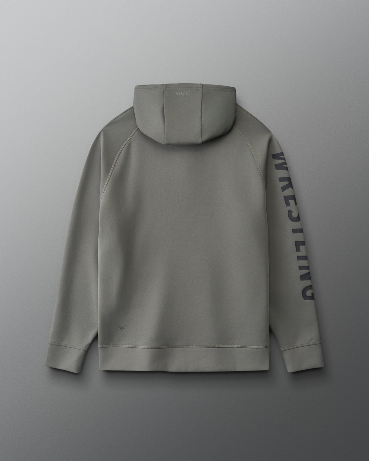 Back view of the RUDIS Wrestling COOL-FEEL Hoodie in dark olive featuring tonal RUDIS hood branding and bold black WRESTLING lettering down the sleeve.