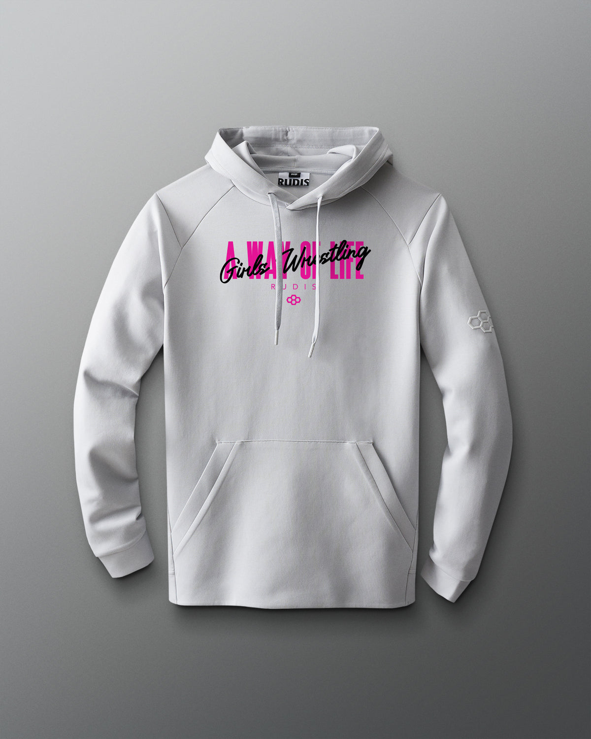 Gray hoodie with text design on a gray background
