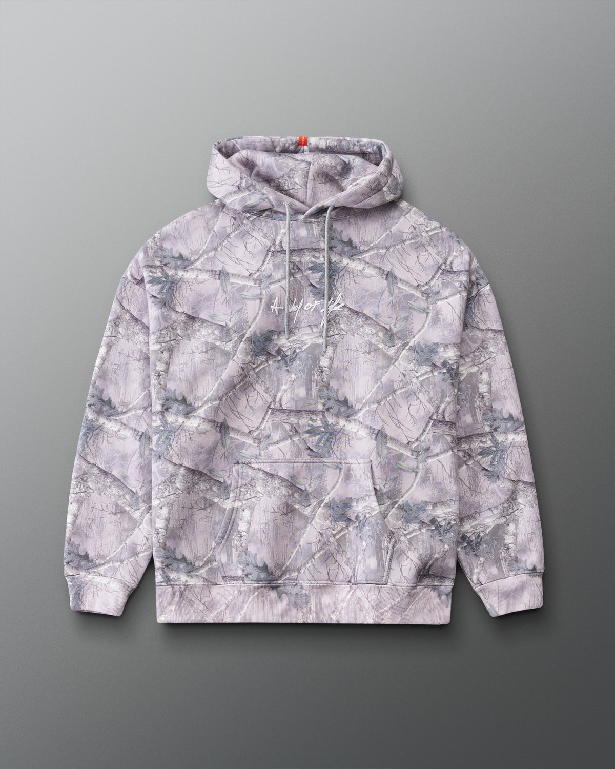 Front view of the RUDIS Faith Over Fear Relaxed Comfort Fleece Hoodie in Tree Camo, featuring an allover woodland print, drawstring hood, kangaroo pocket and white chest graphic.