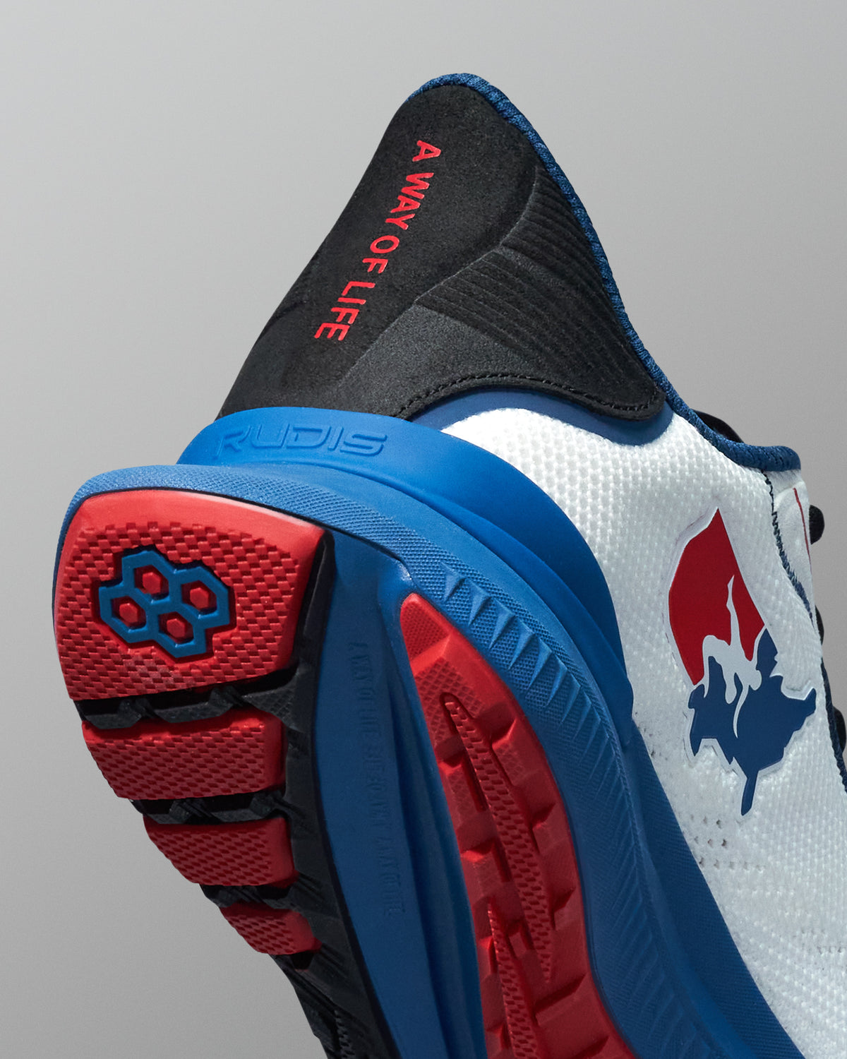 Close-up rear view of a white RUDIS training shoe featuring a red and blue USA Wrestling logo on the side, red ‘A WAY OF LIFE’ text on the black heel tab, and a blue and red outsole with hexagon tread detail.