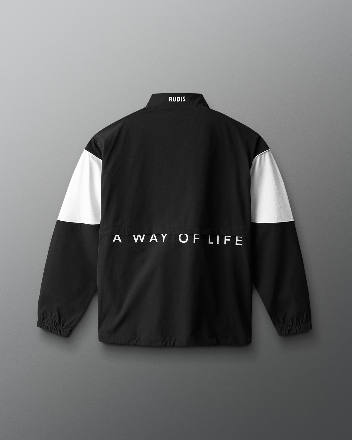 Black jacket with white sleeves and 'A Way of Life' text on a gray background