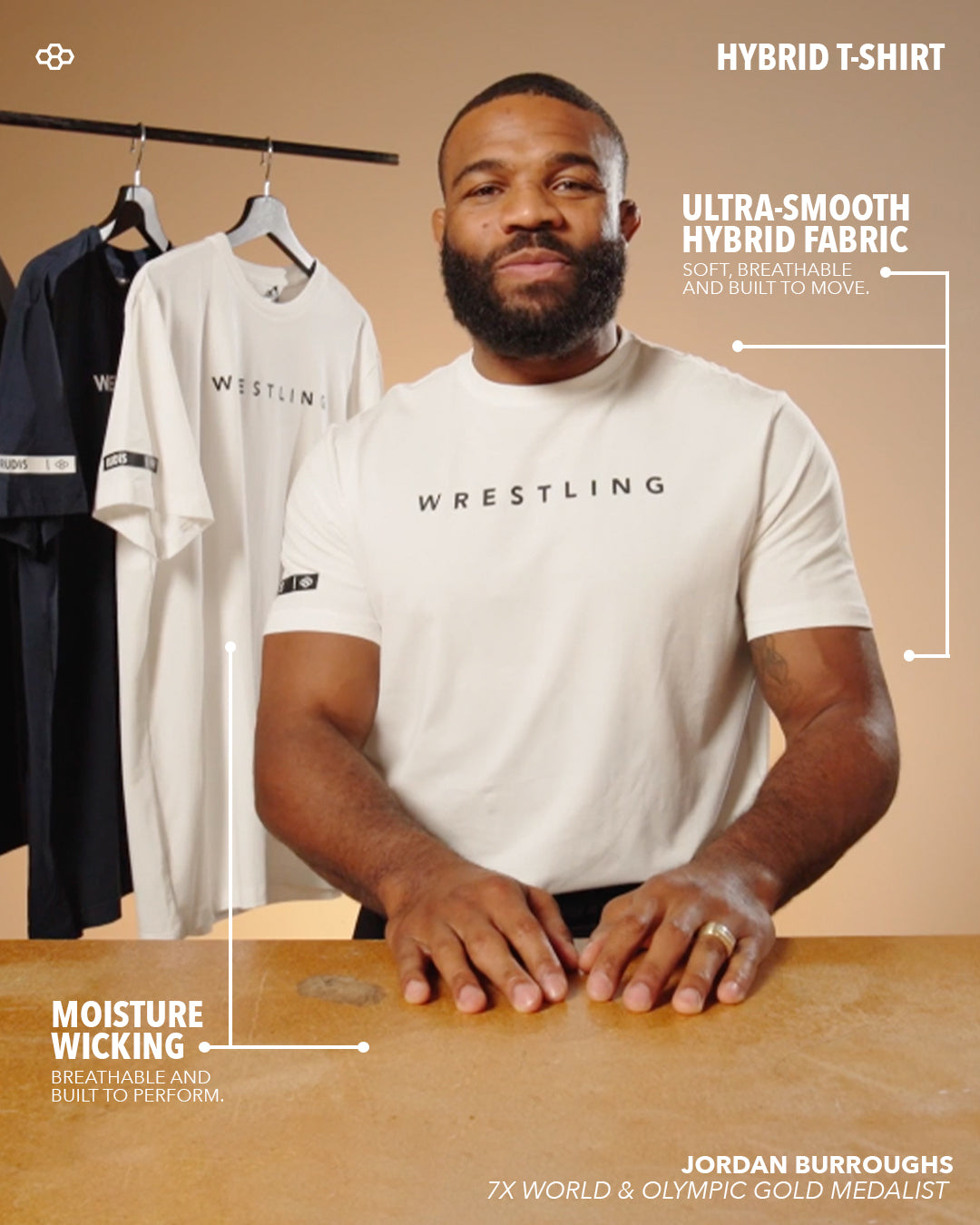 Man wearing a 'Wrestling' t-shirt with text about the shirt's features on a beige background.