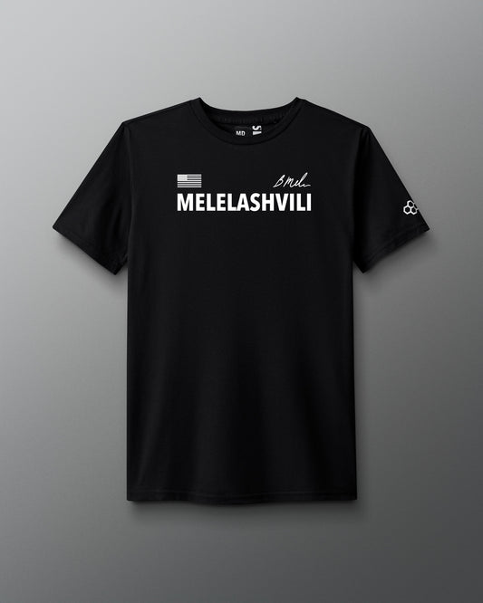 Black t-shirt with 'MELELASHVILI' text on a gradient background. United World Wrestling. World Wrestling Championship. Zagreb