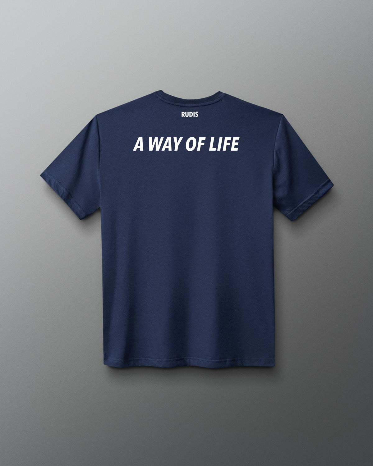 Navy blue t-shirt with 'A Way of Life' text on the back against a gray background