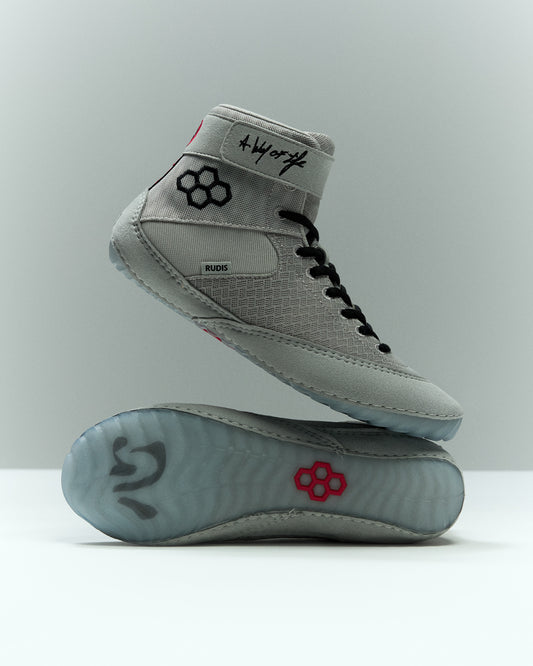RUDIS Samurai Speed Adult Wrestling Shoes in Kokoro, featuring light gray mesh uppers, black laces, ankle straps, and translucent outsoles with red RUDIS detailing.