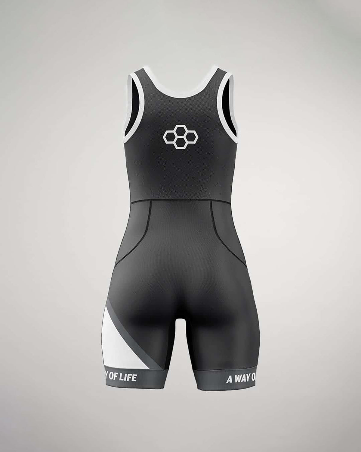 A sleek black athletic bodysuit featuring a minimal design with white accents and motivational text