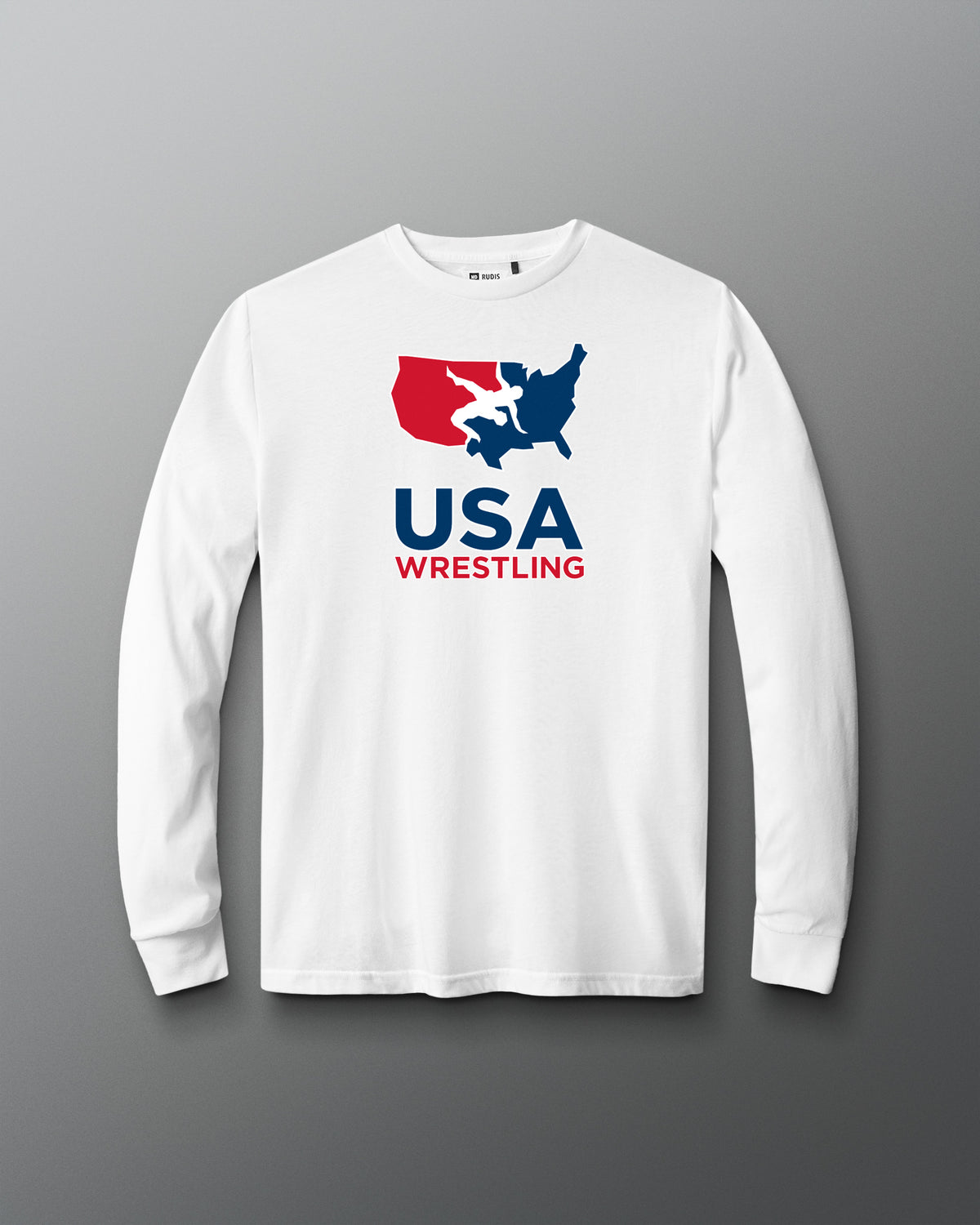 White long-sleeve shirt with USA Wrestling logo on a red and blue gradient background