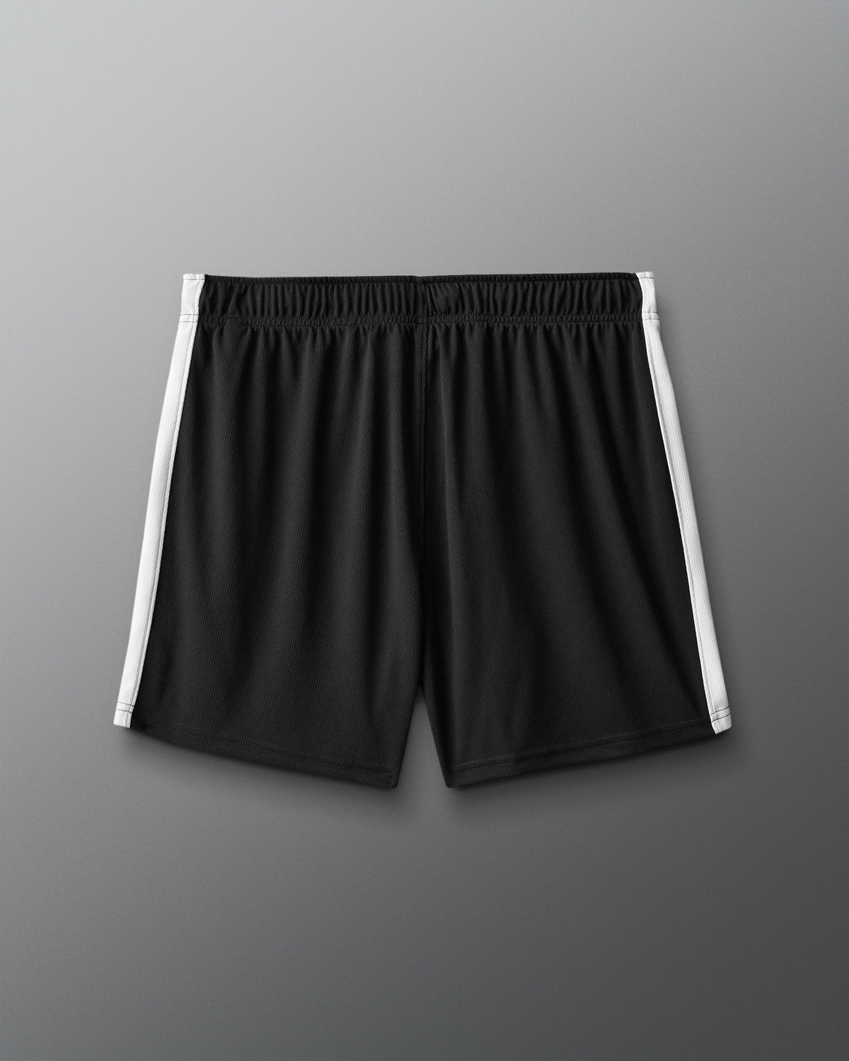 Black shorts with white stripes on a gray background