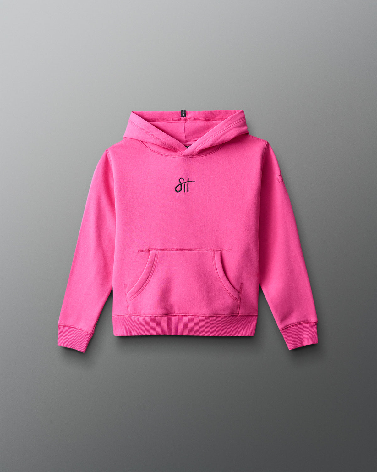 Pink hoodie with a brand logo on a gray background
