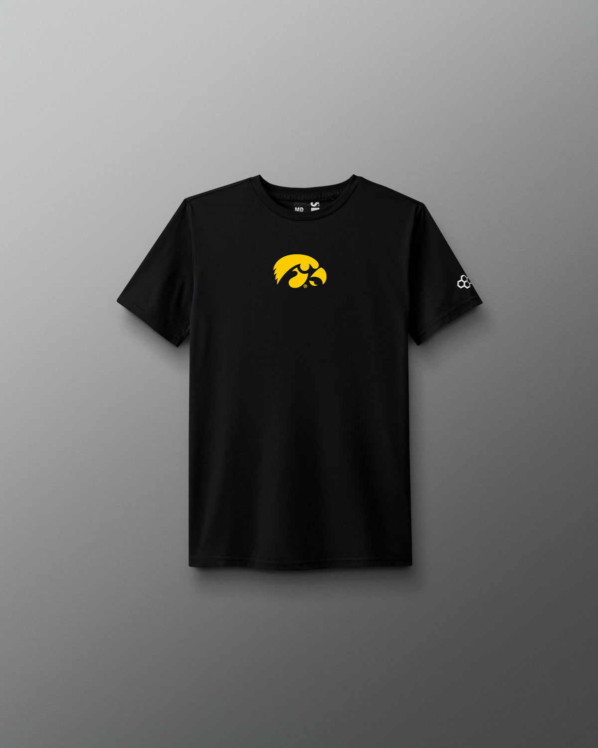 Black t-shirt with a yellow logo on a gray background
