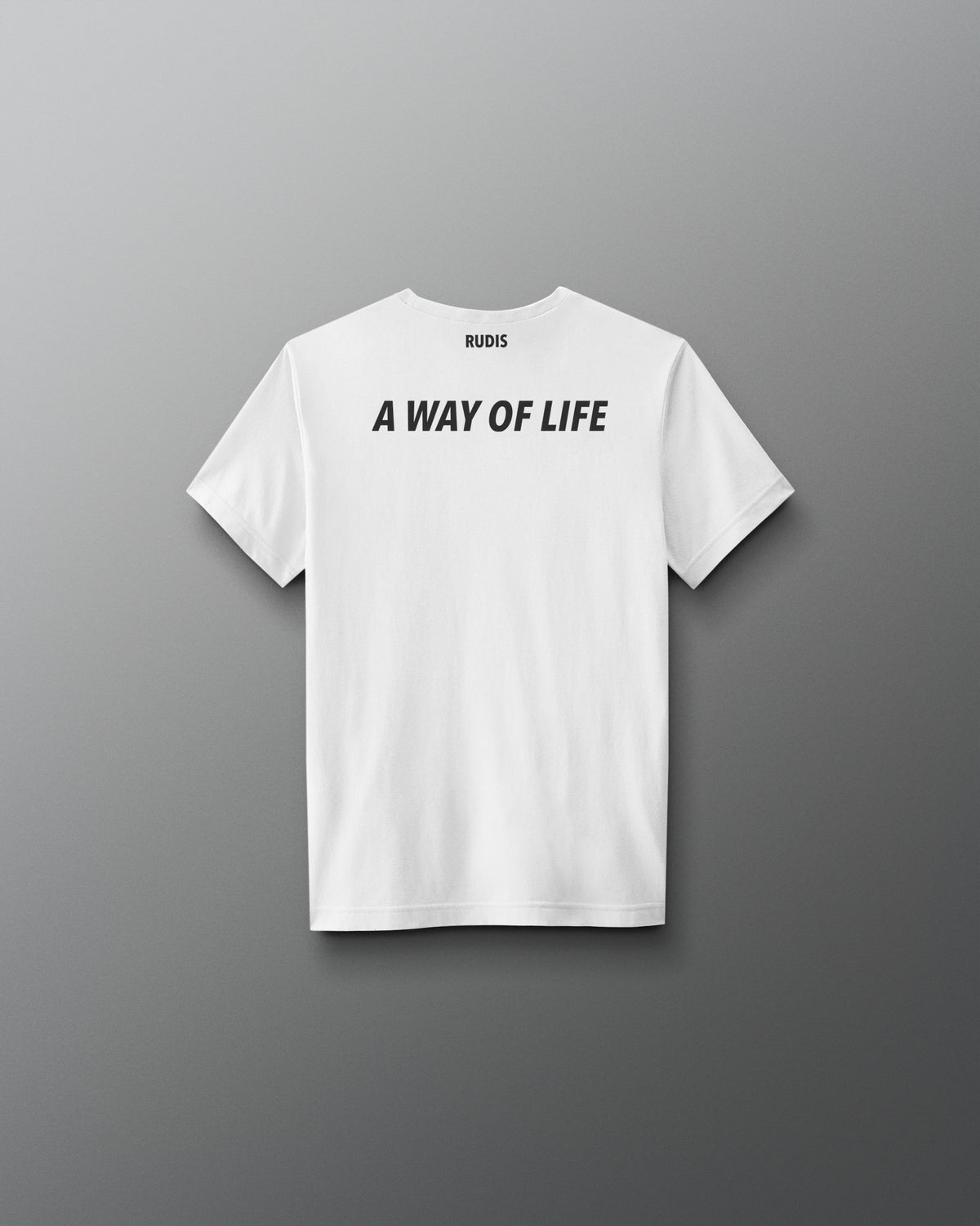 White t-shirt with 'A Way of Life' text on the back against a gray background