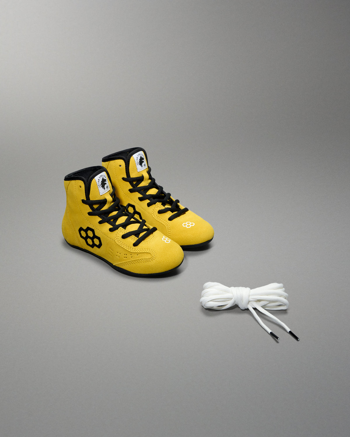 RUDIS Rocky International Youth Wrestling Shoes in yellow and black with alternate white laces.