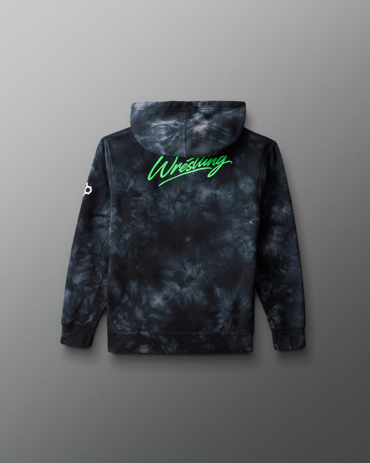 Tie-dye hoodie with 'Wrestling' text on the back against a gray background