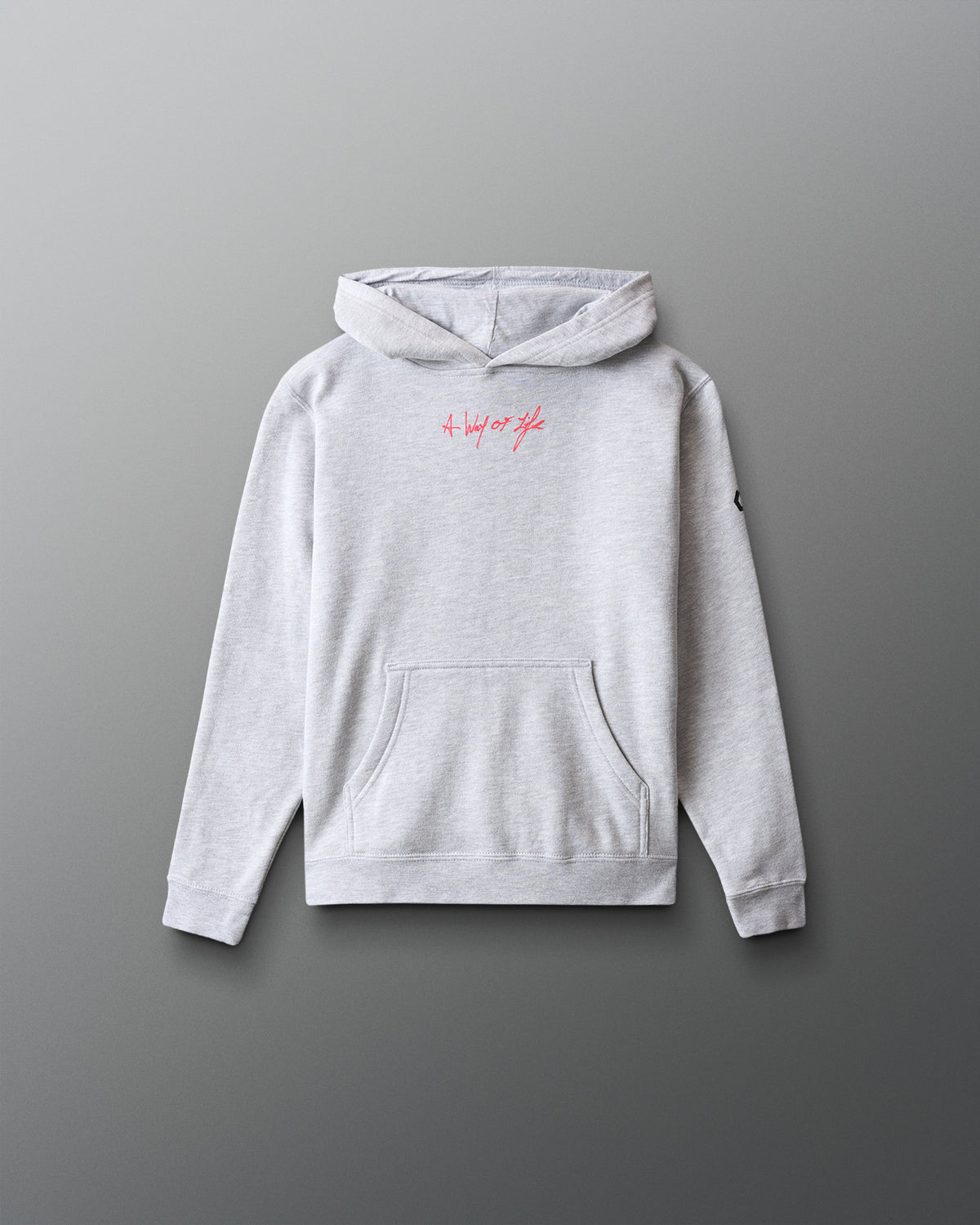 Gray hoodie with pink text on a gray background