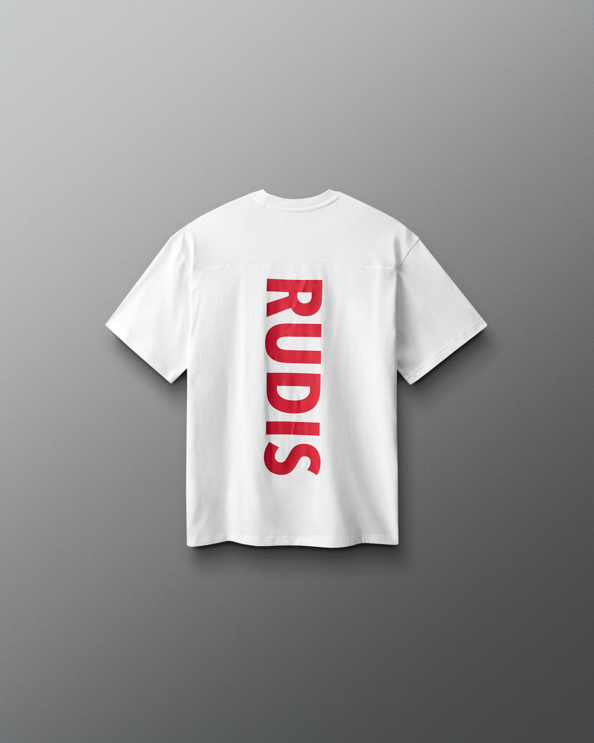 White t-shirt with 'RUDIS' printed on the back against a gray background