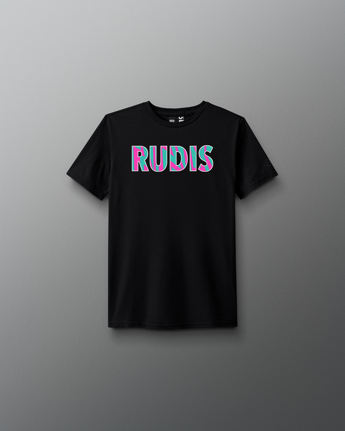 Black t-shirt with 'RUDIS' printed in colorful letters on a gray background