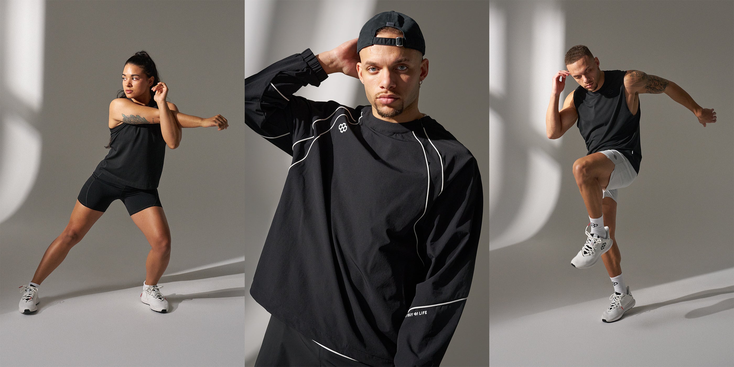 Athletes modeling RUDIS athletic apparel including training tops, shorts, outerwear, and performance footwear for gym, sport, and everyday training.