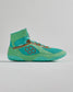 A modern high-top athletic shoe in turquoise with brown accents designed for performance and style