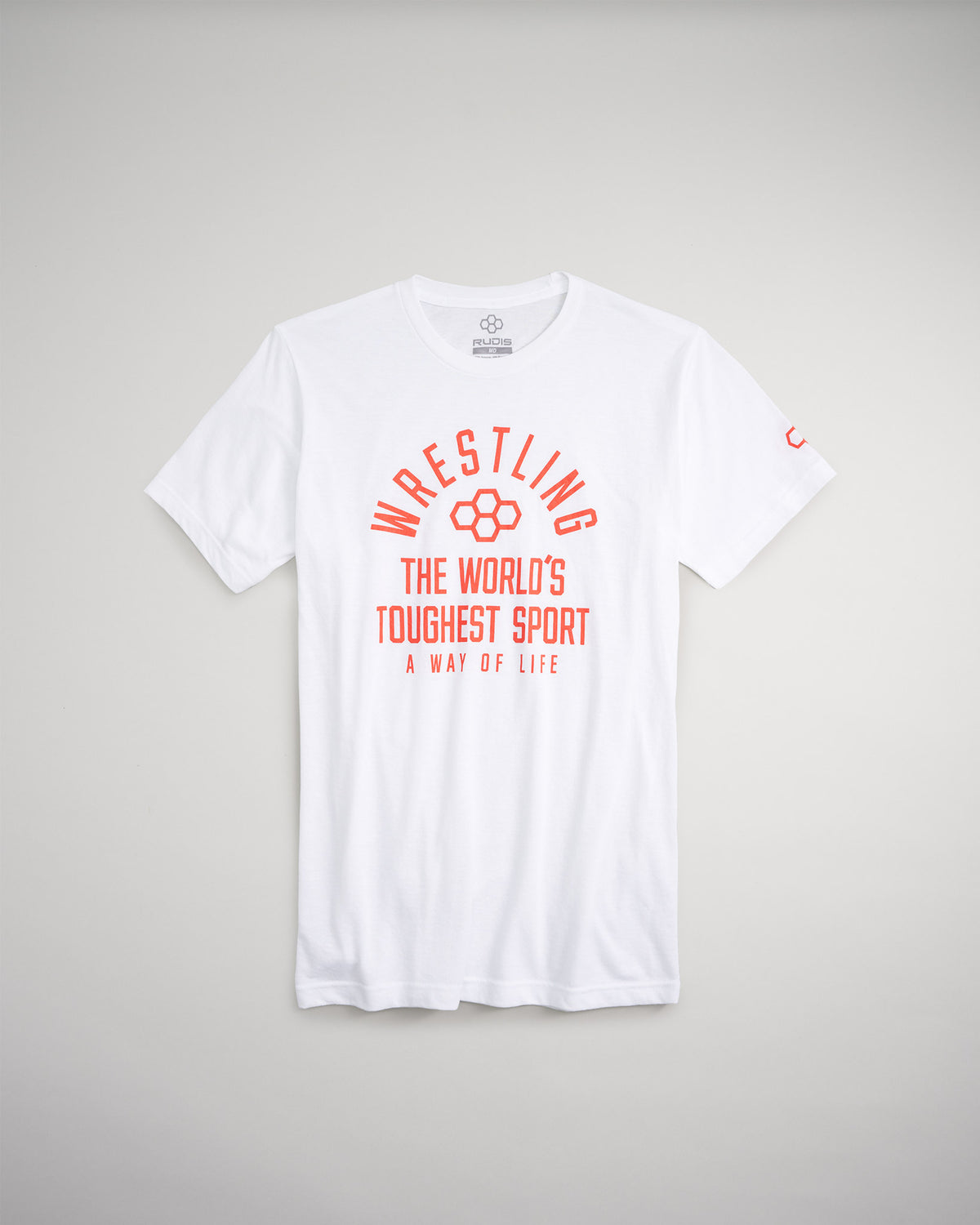 A white t-shirt featuring bold red text proclaiming wrestling as the worlds toughest sport