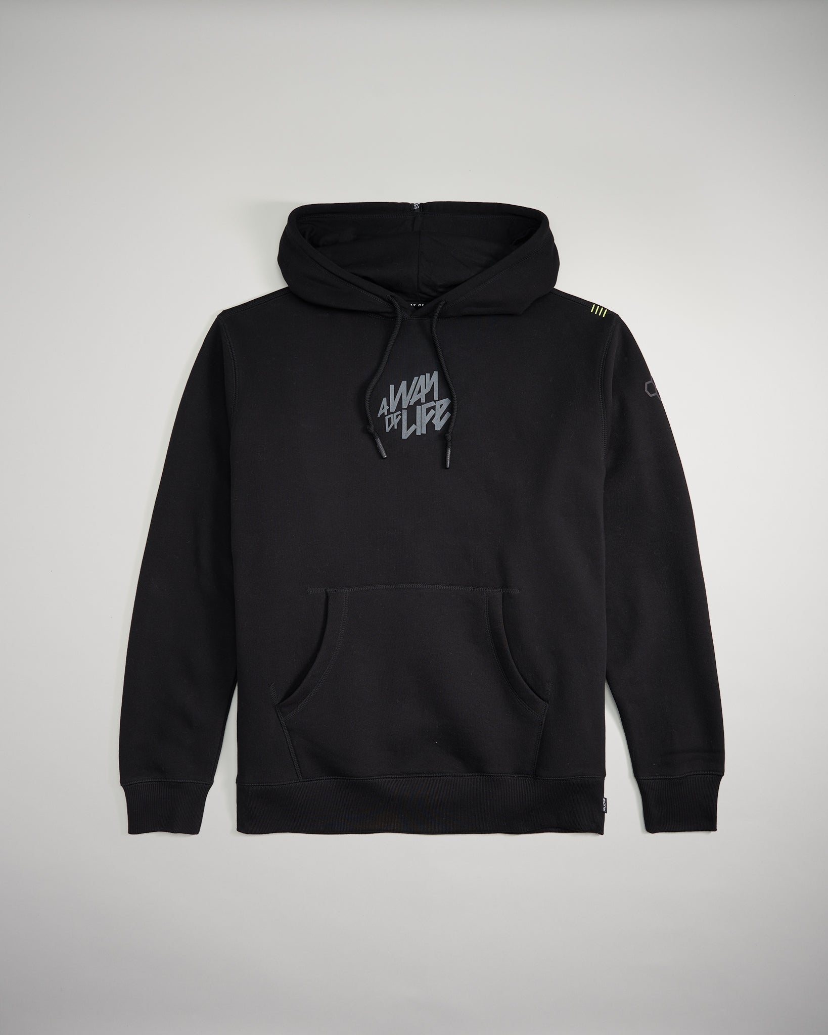 A black hoodie featuring a prominent logo that reads A WAY OF LIFE and distinct design elements including a zippered neck and yellow stripes on the shoulder