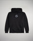 A black hoodie featuring a prominent logo that reads A WAY OF LIFE and distinct design elements including a zippered neck and yellow stripes on the shoulder