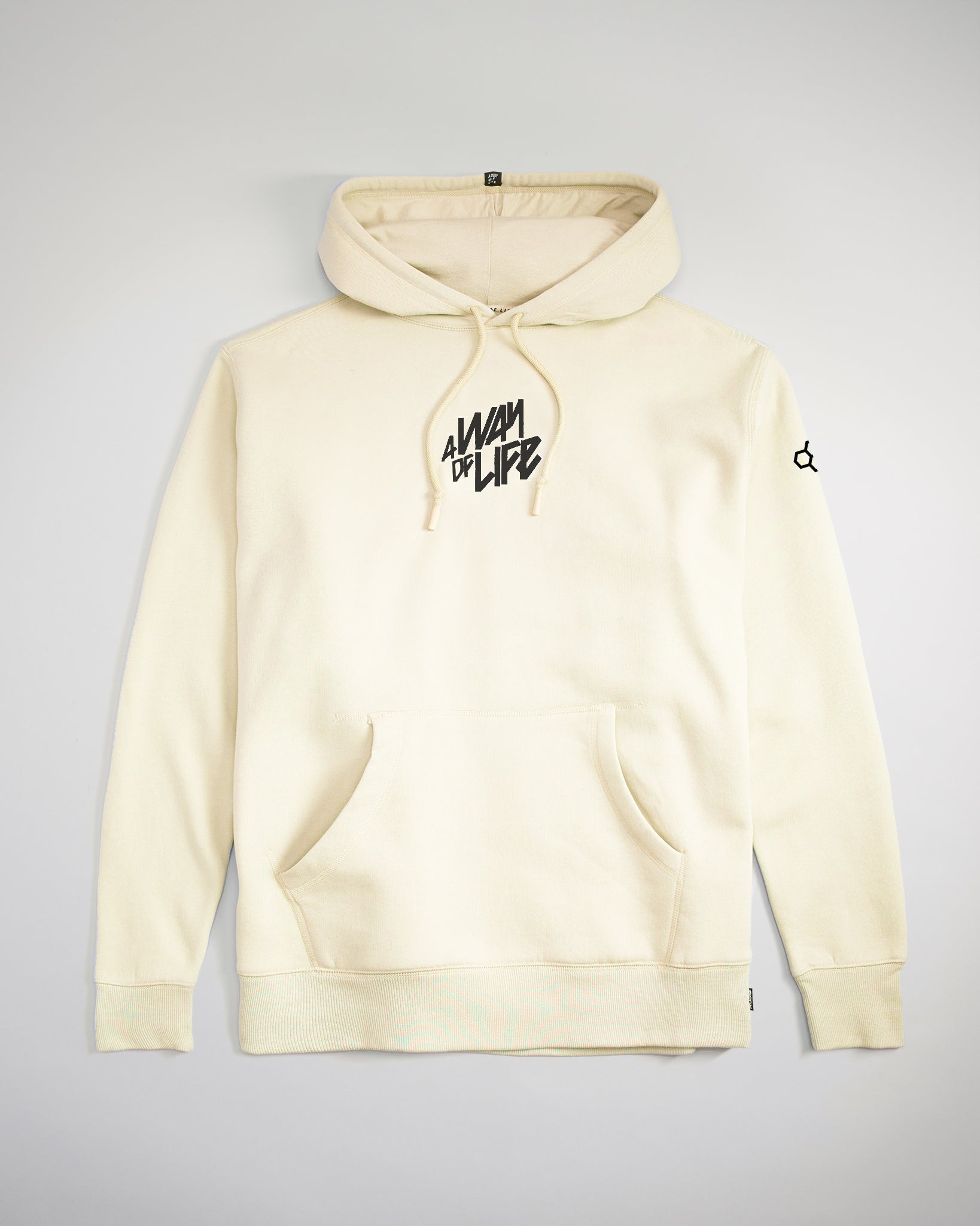 A cream-colored hoodie featuring the phrase a way of life printed in bold black text on the front and a logo on the sleeve