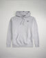 This image displays a gray hooded sweatshirt with a simple black logo design on the chest set against a light background
