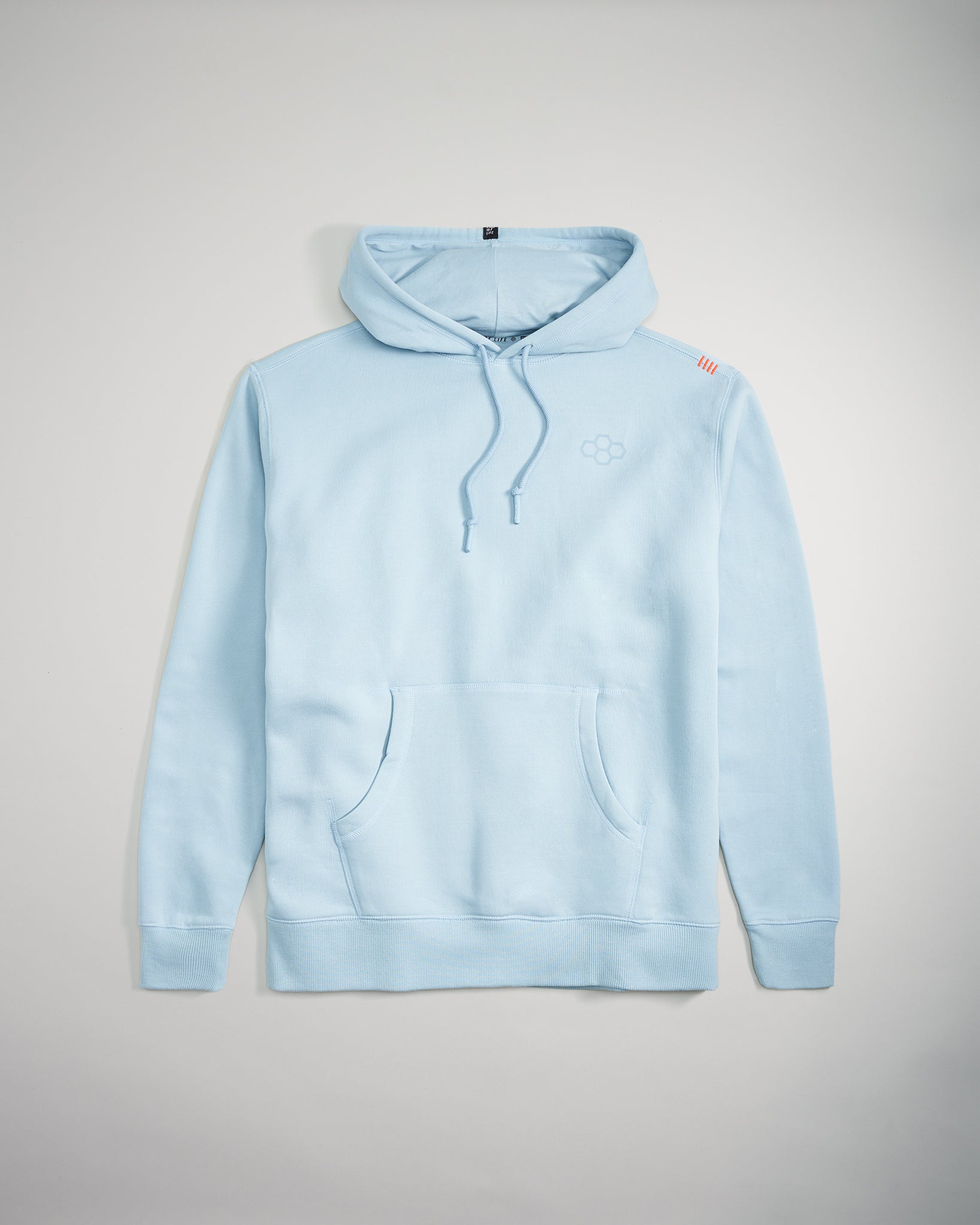 A light blue hoodie featuring a kangaroo pocket and a subtle logo on the chest displayed against a neutral background