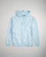 A light blue hoodie featuring a kangaroo pocket and a subtle logo on the chest displayed against a neutral background