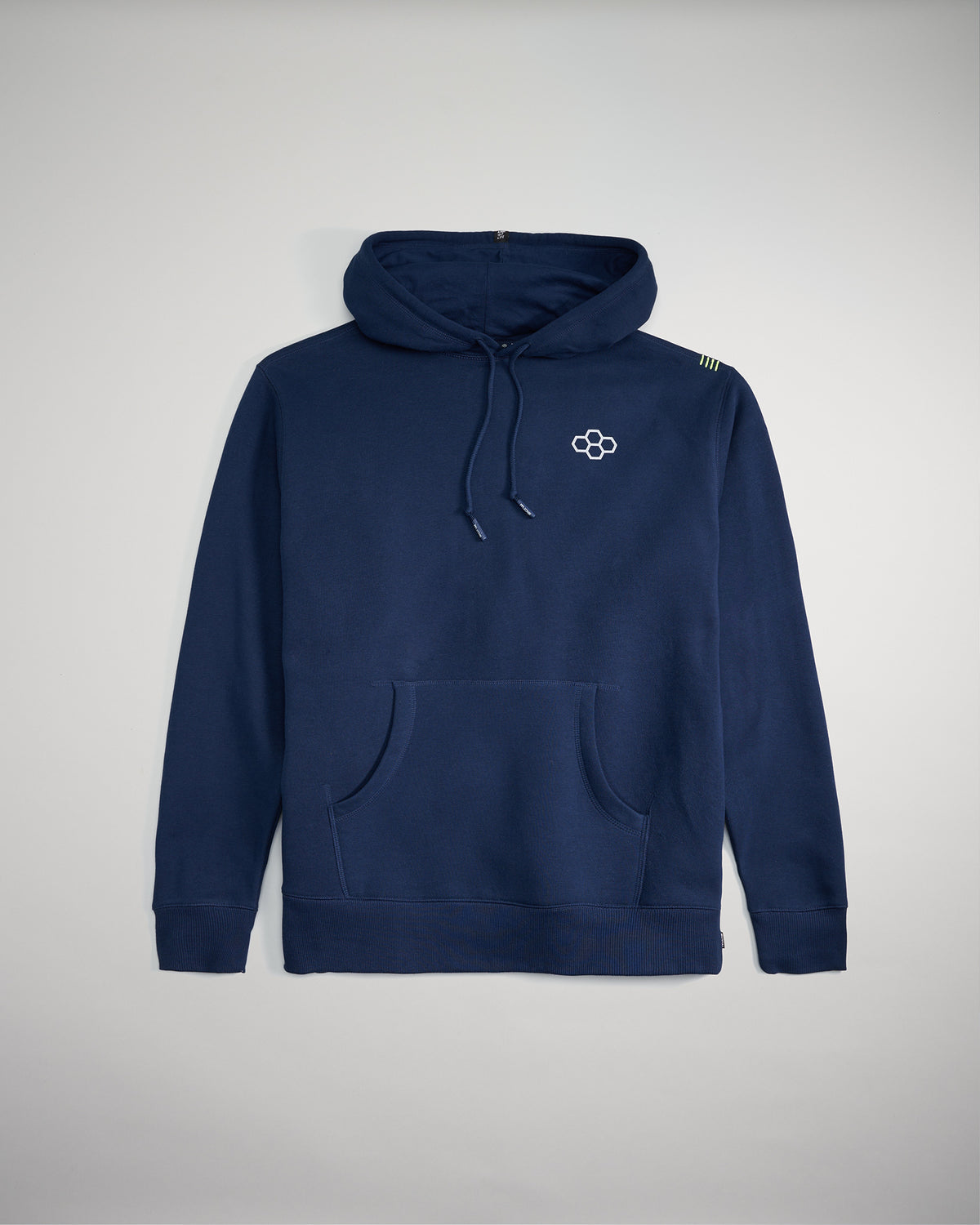 This image features a navy blue hoodie designed for casual wear showcasing a minimalist aesthetic with a distinctive logo and practical details