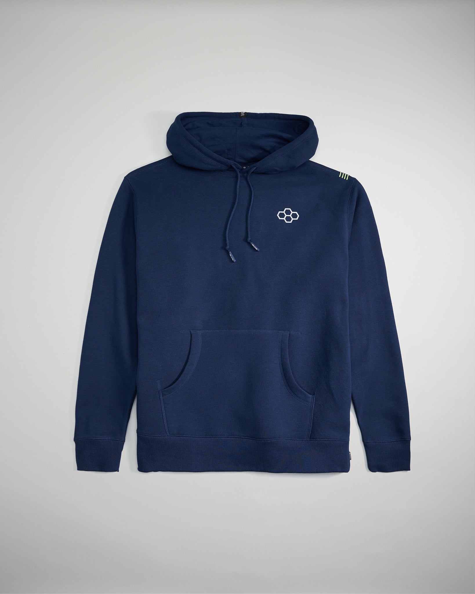 This image features a navy blue hoodie designed for casual wear showcasing a minimalist aesthetic with a distinctive logo and practical details