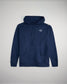 This image features a navy blue hoodie designed for casual wear showcasing a minimalist aesthetic with a distinctive logo and practical details
