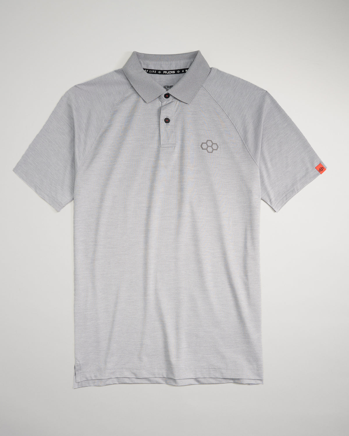 A light gray polo shirt featuring a classic collar subtle striped pattern and a logo on the chest