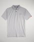 A light gray polo shirt featuring a classic collar subtle striped pattern and a logo on the chest