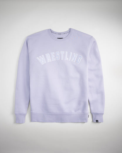 This light lavender sweatshirt features the word WRESTLING prominently displayed in bold white letters across the front perfect for casual wear or sports enthusiasts