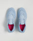 A pair of light blue athletic shoes featuring a breathable mesh upper and a vibrant pink interior designed for comfort and style
