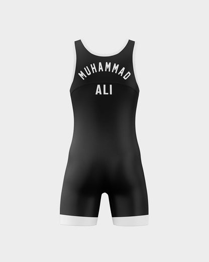 A black wrestling singlet with 'Muhammad Ali' text printed across the front.