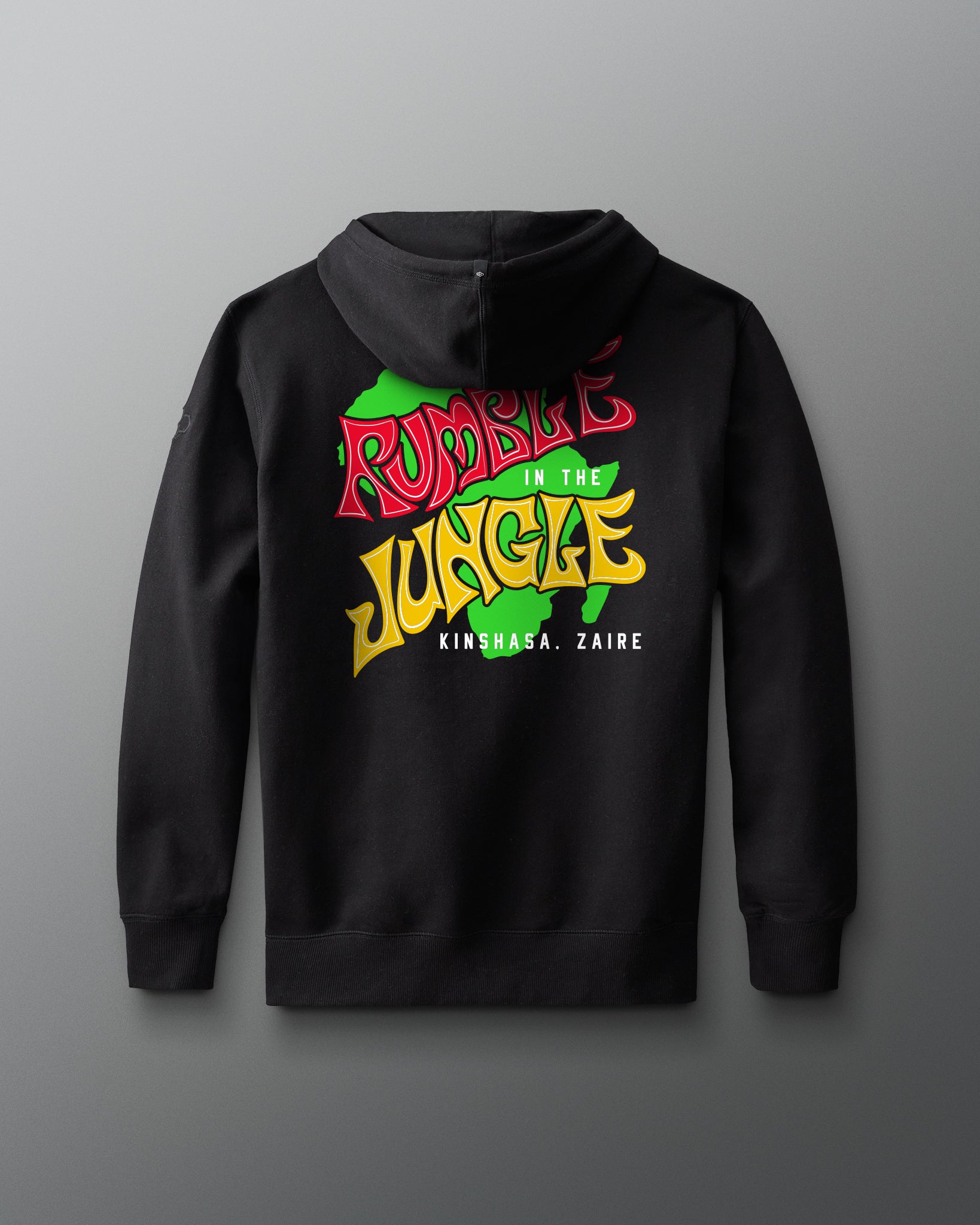 Black hoodie with colorful text design on a gray background