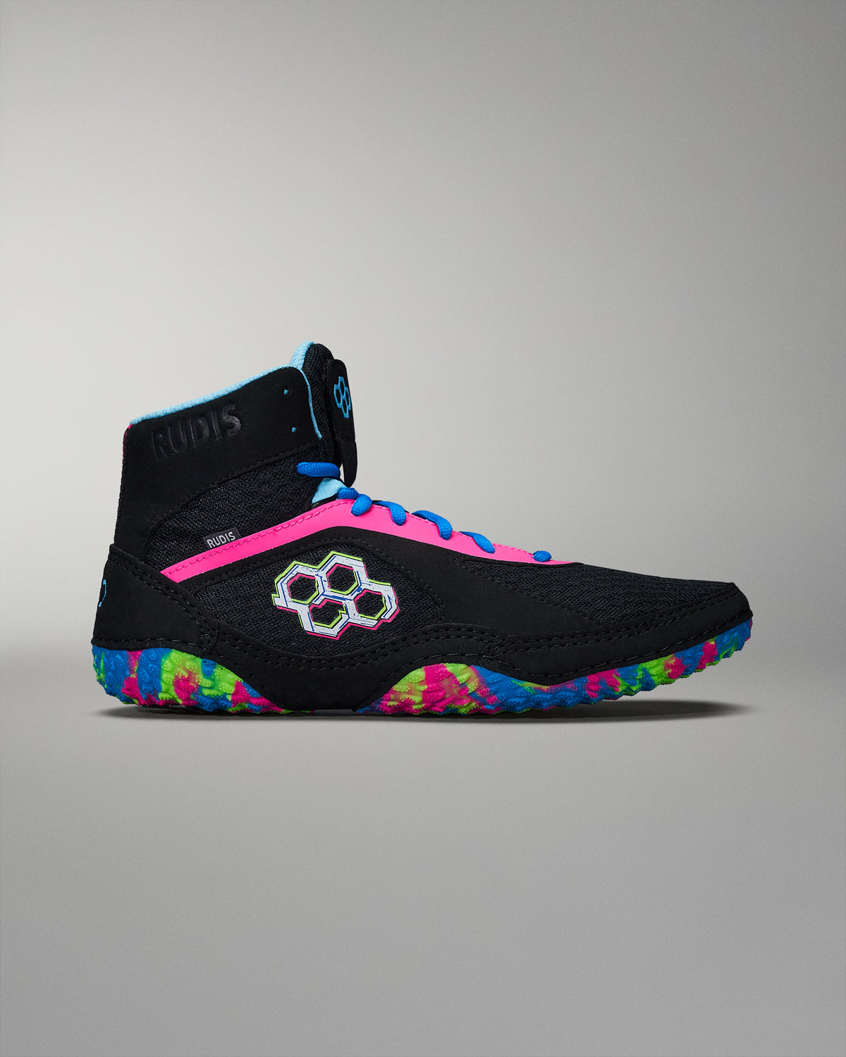 High-top wrestling shoe with a black upper, bright pink and blue accents, and a multi-colored sole for enhanced traction and support.