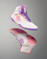 Colorful wrestling shoes with white, purple, pink, and red accents on a gray background