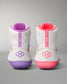 White wrestling shoes with purple and pink accents on a gray background