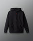 Black hoodie with a red logo on a gray background