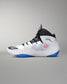 White wrestling shoe with black and blue accents on a gray background