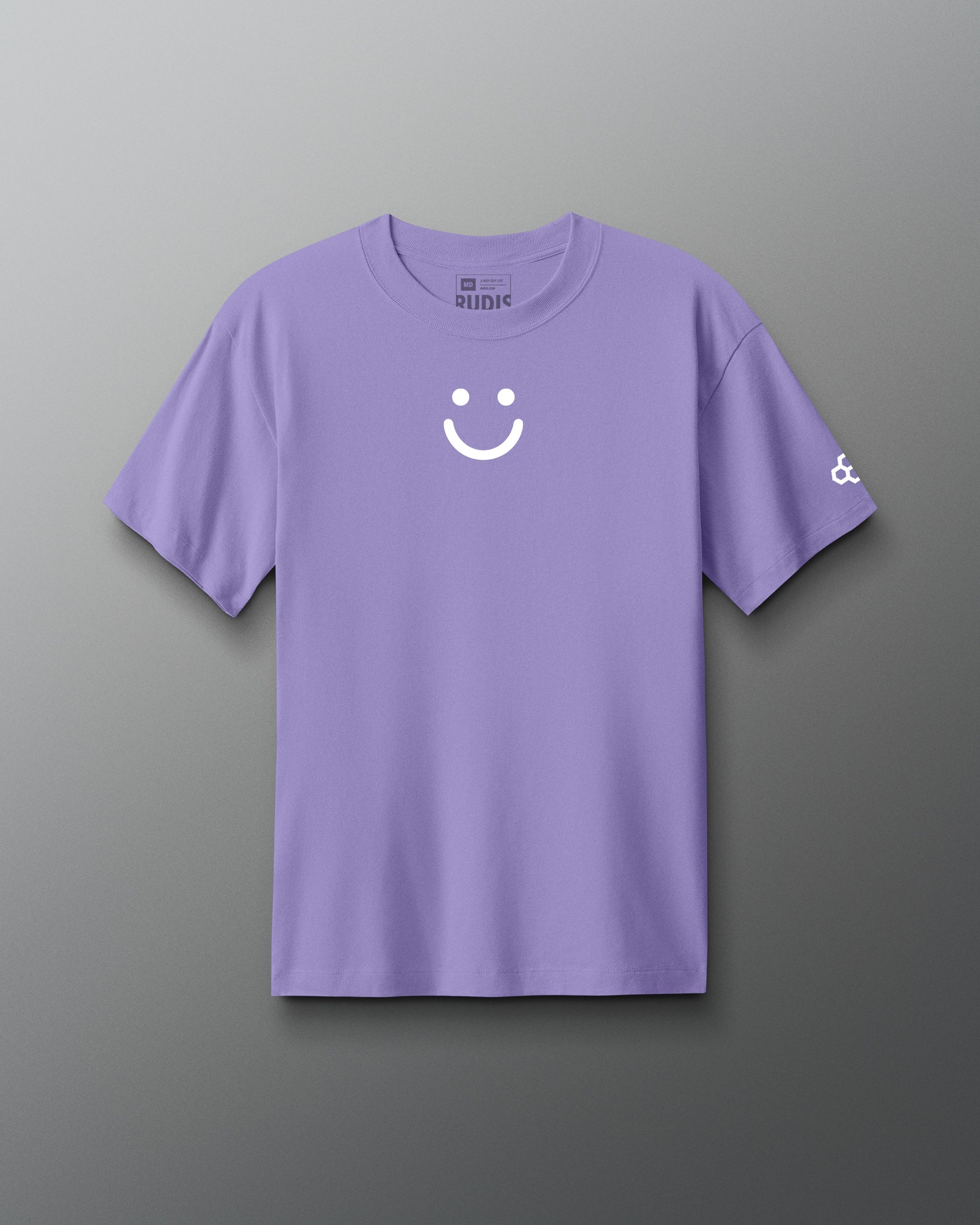 Purple t-shirt with a smiley face design on a gray background