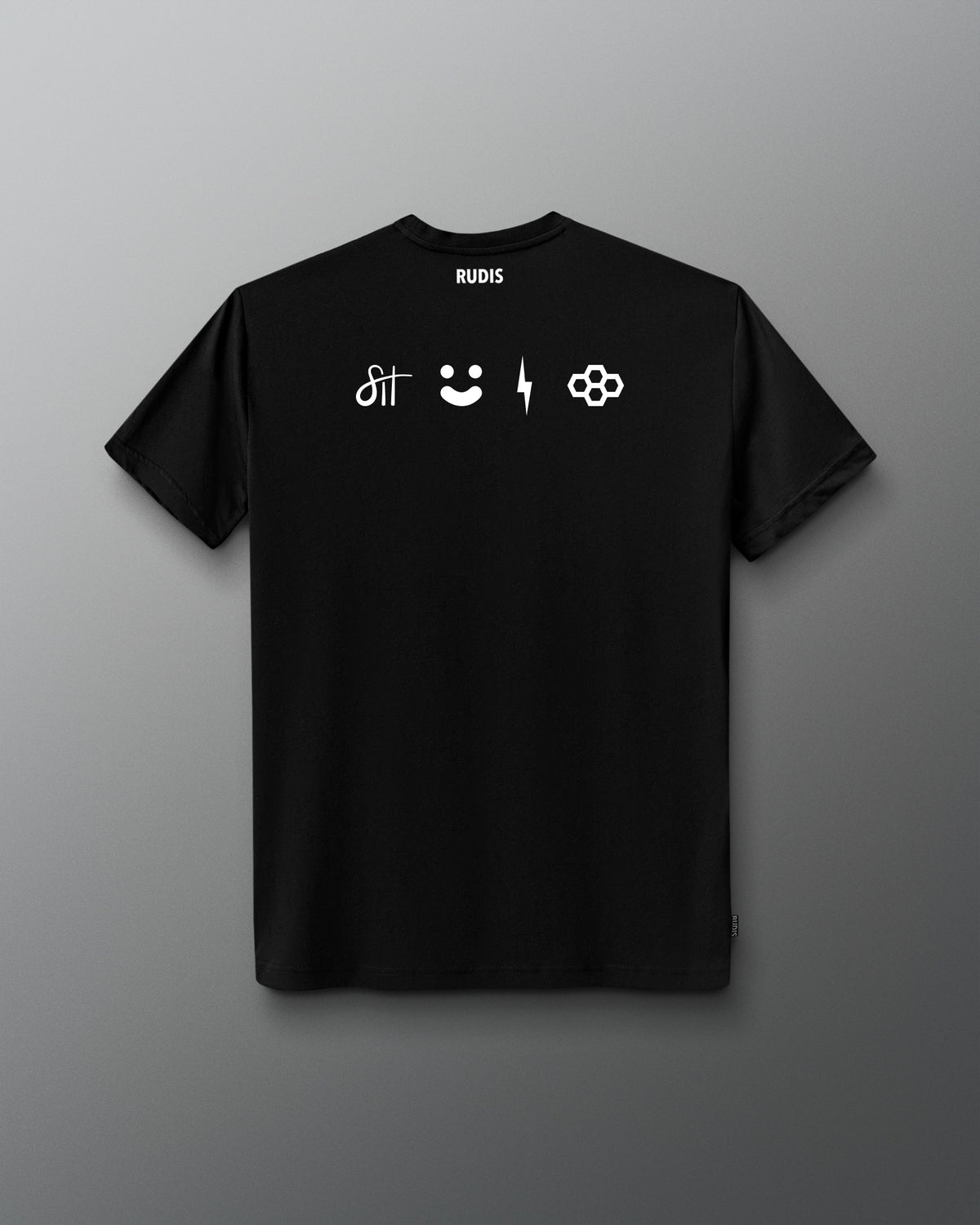 A black short-sleeve t-shirt with white graphic prints on the back, including the brand name 'RUDIS' and four minimalist symbols, displayed against a dark gray gradient background.