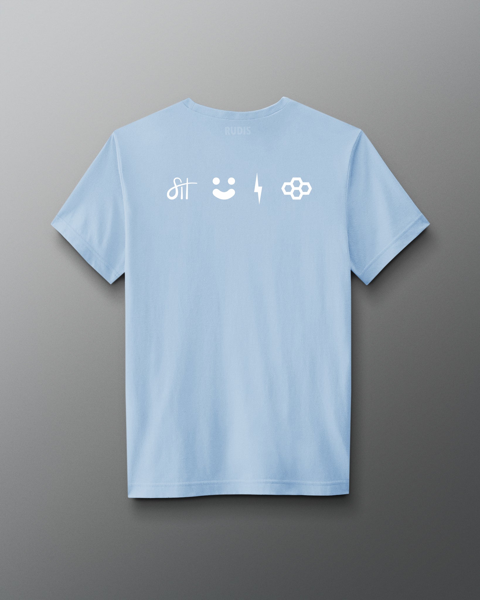 Light blue t-shirt with white icons on the back against a gray background